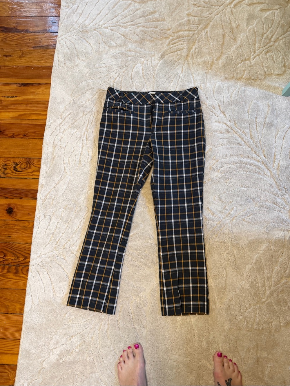 Anthropologie navy blue Plaid Trousers with Tan and White Windowpane
